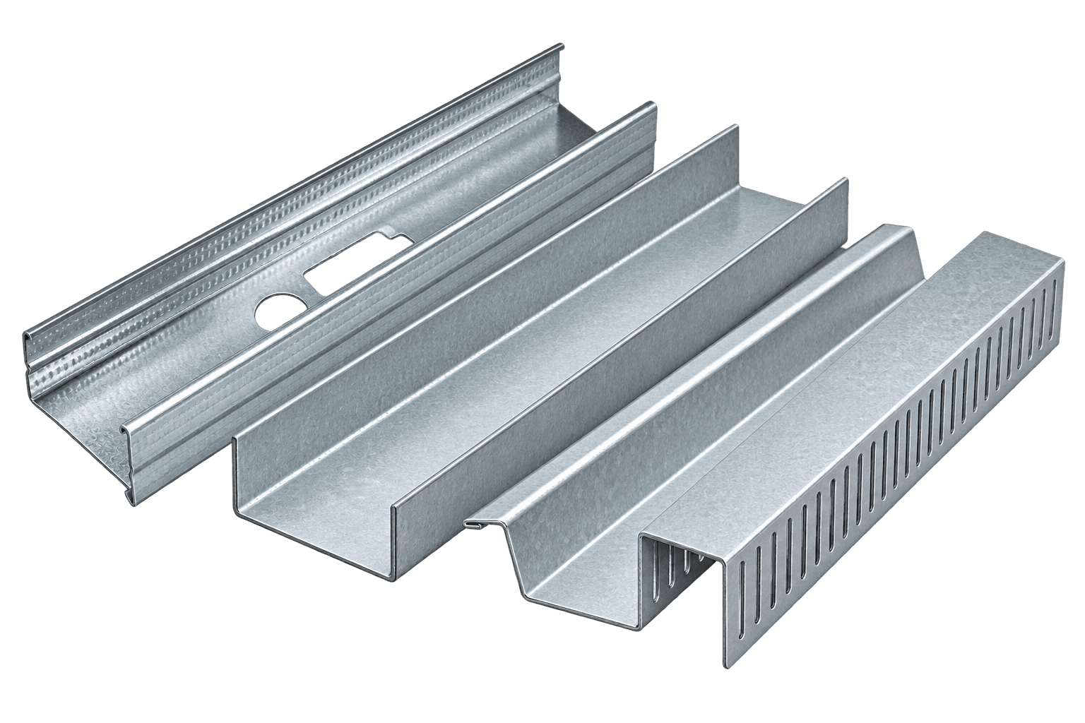Collection of galvanized steel stud, track, furring channel and slotted track profiles
